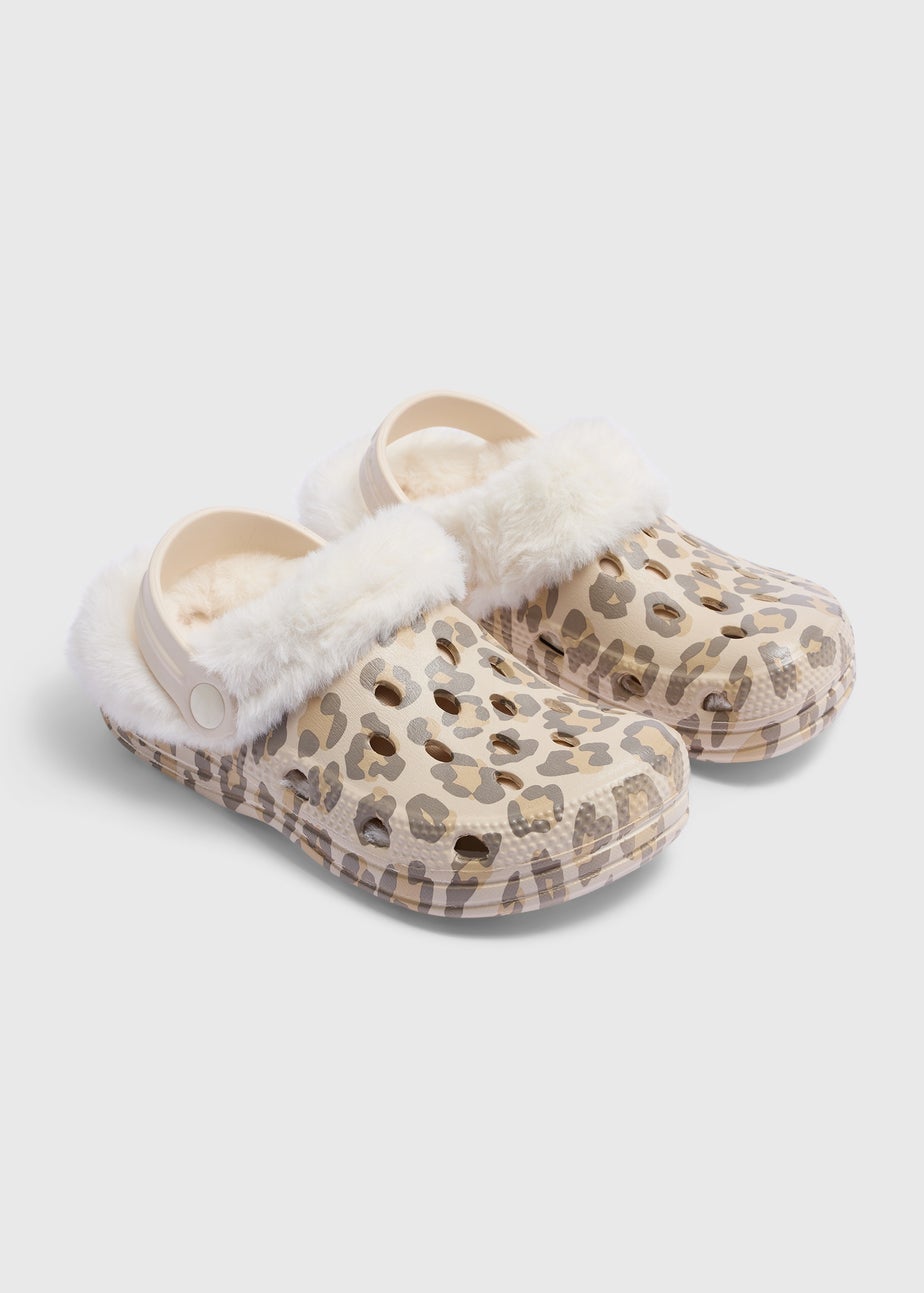 Girls Beige Leopard Warm Lined Clogs (Younger 8/9-Older 12/13)