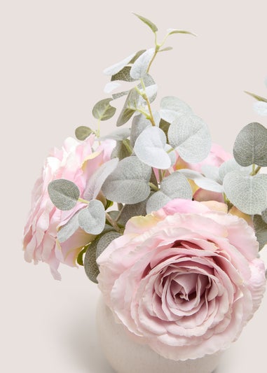 Pink Roses & Eucalyptus In Cream Pot