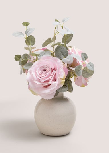 Pink Roses & Eucalyptus In Cream Pot