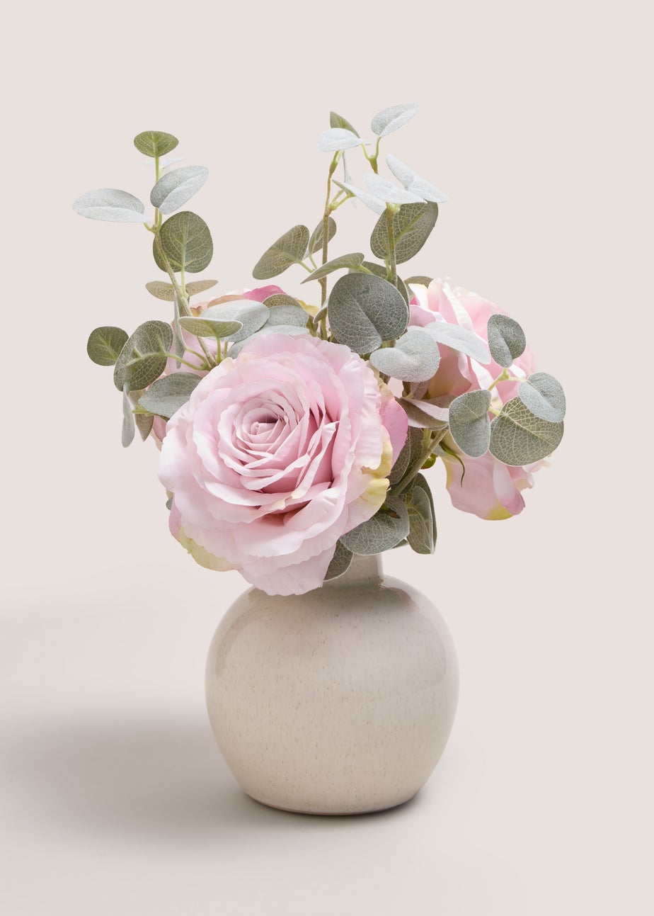 Pink Roses & Eucalyptus In Cream Pot