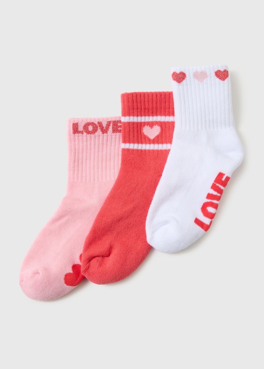 3 Pack Girls Pink Valentines Socks (Younger 6-Older 6.5)