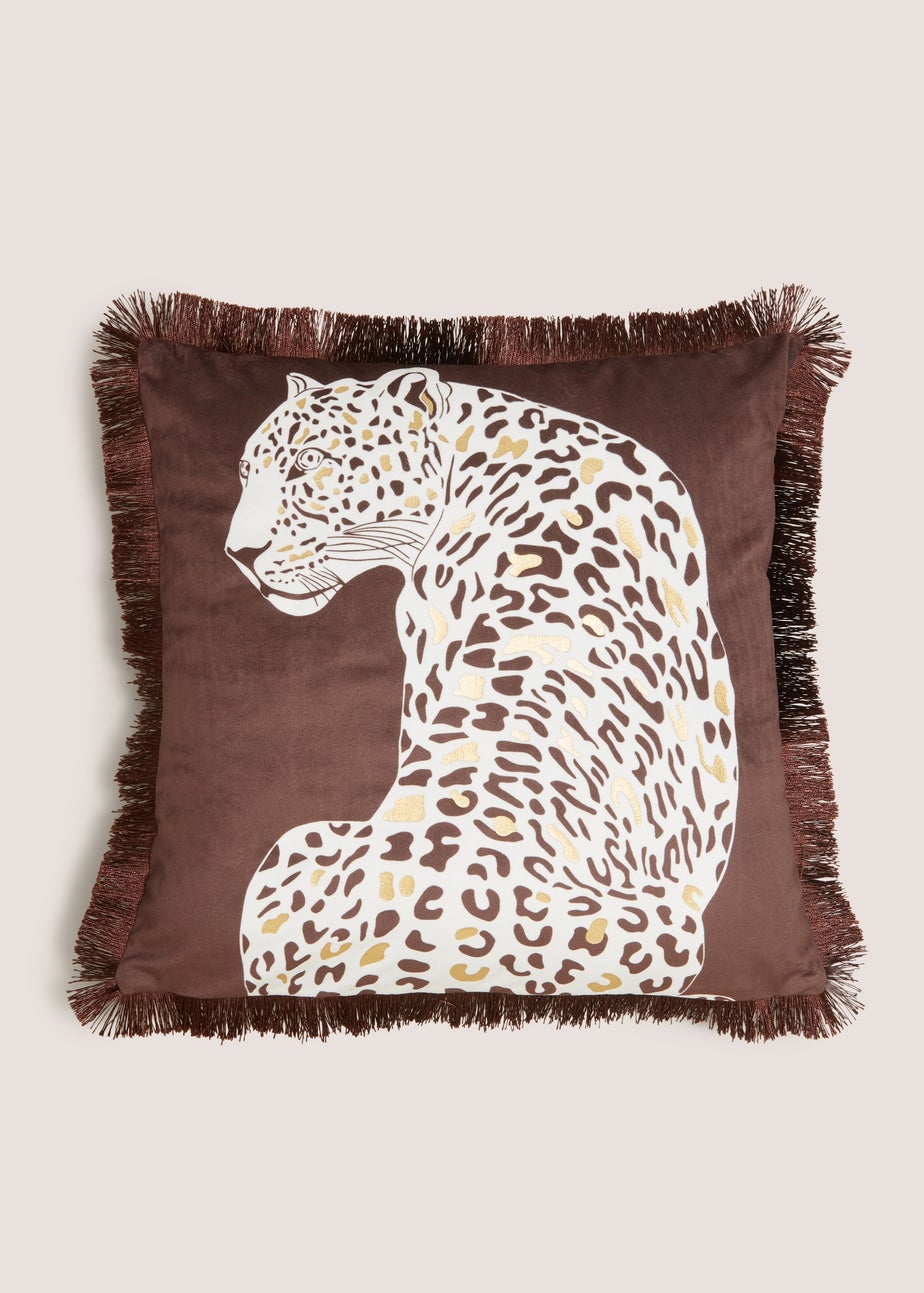 Brown Leopard Fringe Cushion