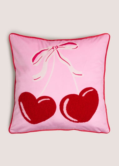 Pink Cherry Tuft Embroidered Cushion