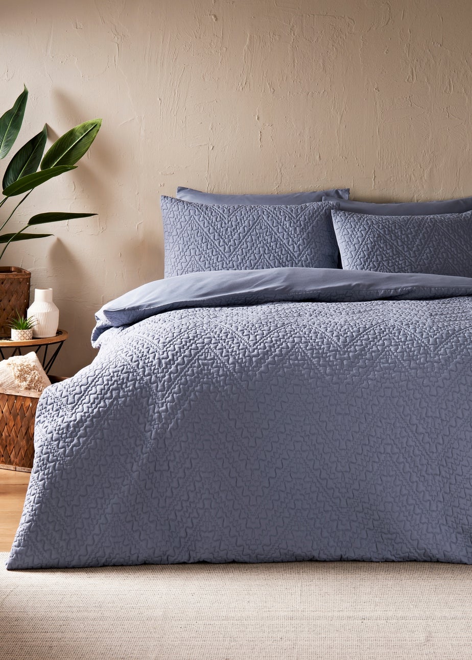Blue Zigzag Quilted Duvet Set