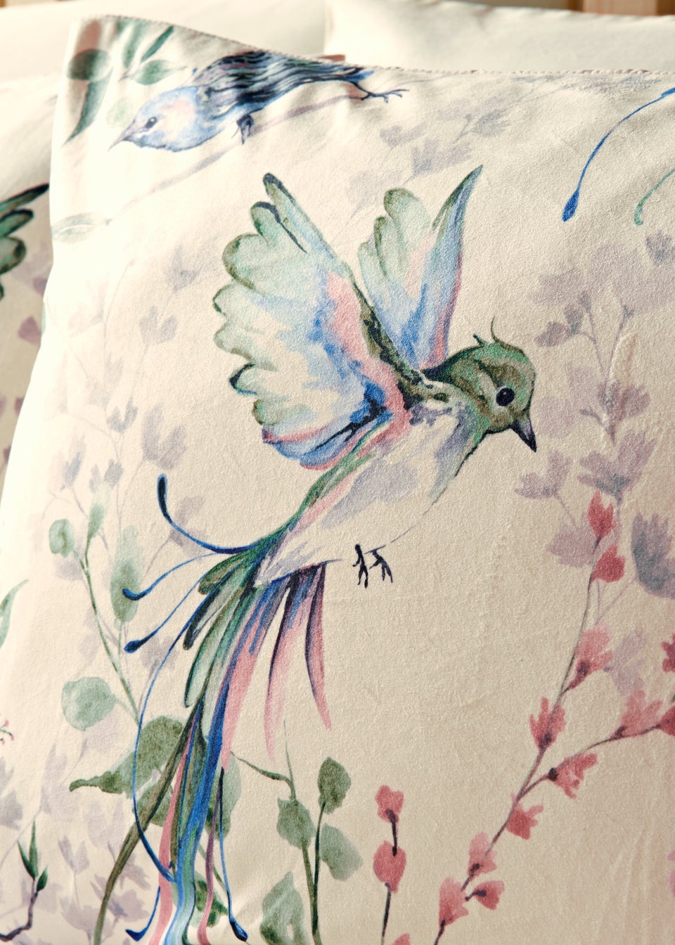 Cream Floral Bird Velvet Duvet Set