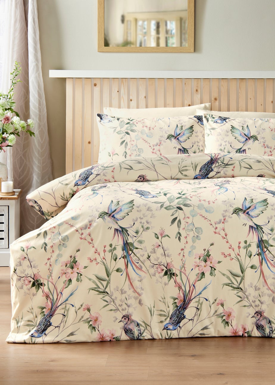 Cream Floral Bird Velvet Duvet Set