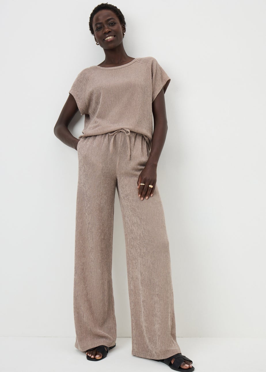 Papaya Petite Taupe Textured Co Ord Wide Leg Trousers