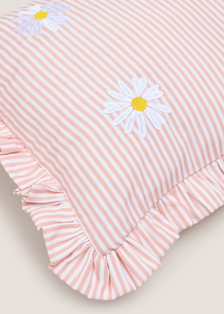 Pink Stripe Daisy Embroidered Frill Edge Cushion