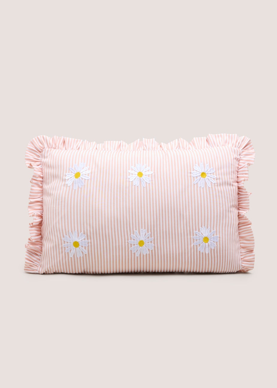 Pink Stripe Daisy Embroidered Frill Edge Cushion