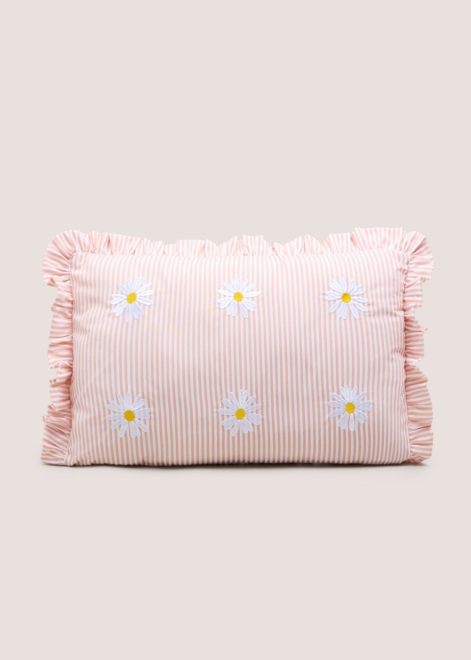 Pink Stripe Daisy Embroidered Frill Edge Cushion