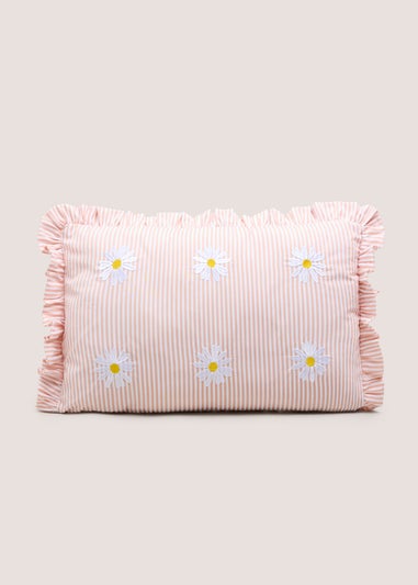 Pink Stripe Daisy Embroidered Frill Edge Cushion