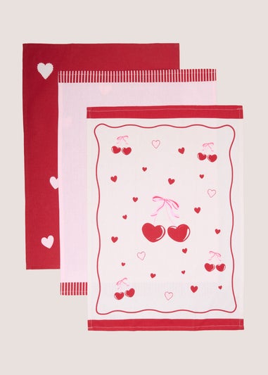 3 Pack Pink & Red Cherry Heart Tea Towels