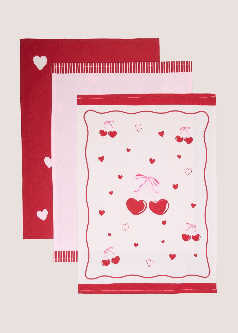 3 Pack Pink & Red Cherry Heart Tea Towels