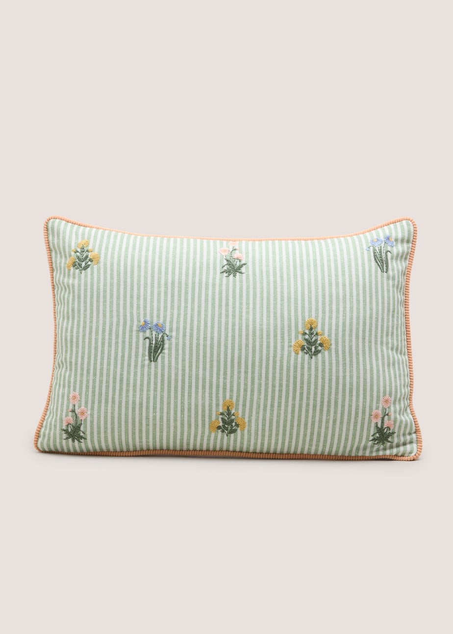 Green Stripe Floral Embroidered Cushion