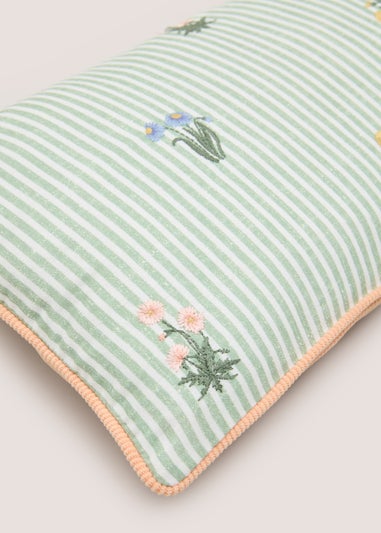 Green Stripe Floral Embroidered Cushion