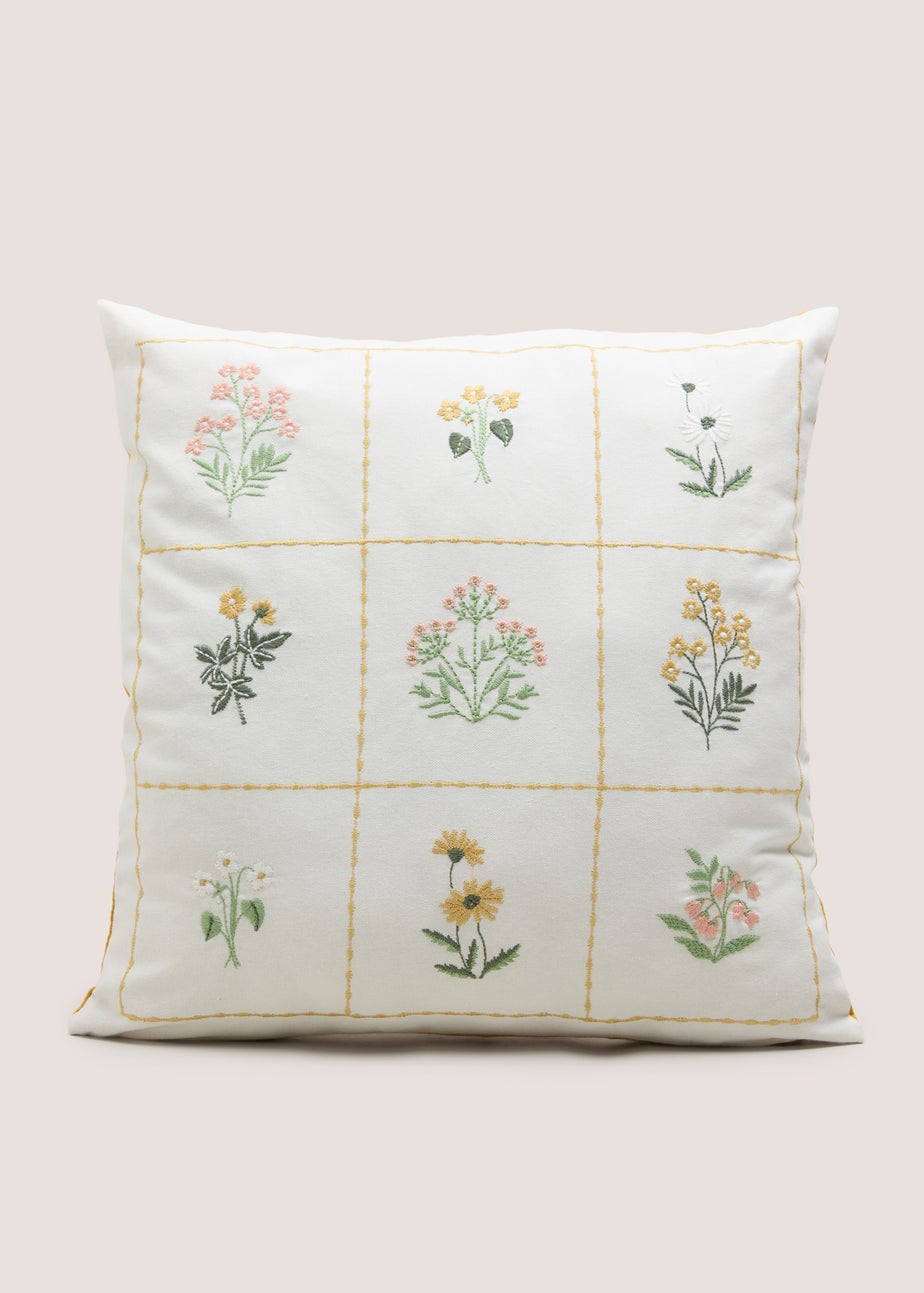 White Grid Floral Embroiderd Cushion