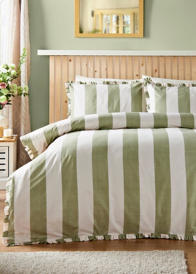 Green Wide Stripe Pleated Duvet Set