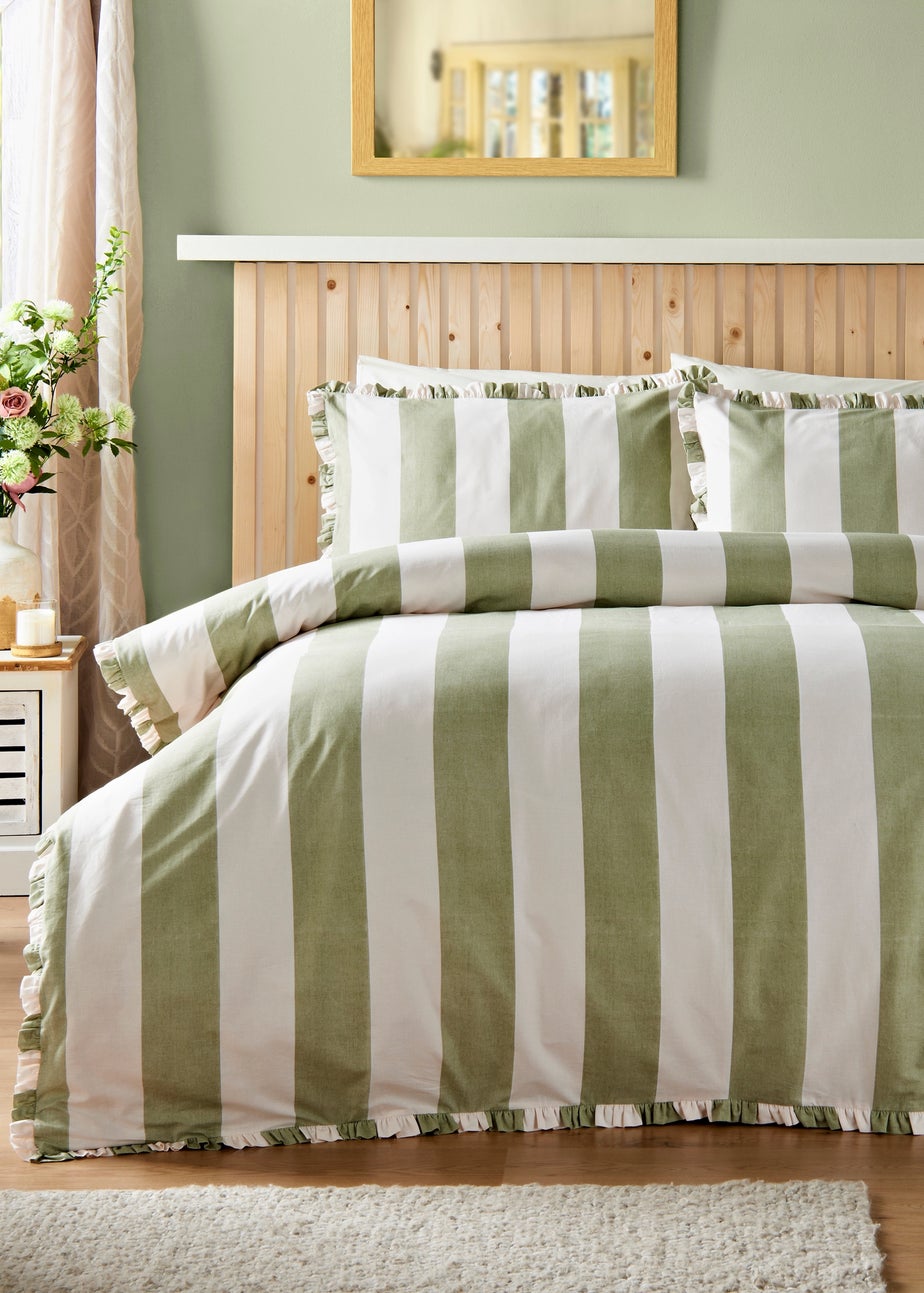 Green Wide Stripe Pleated Duvet Set