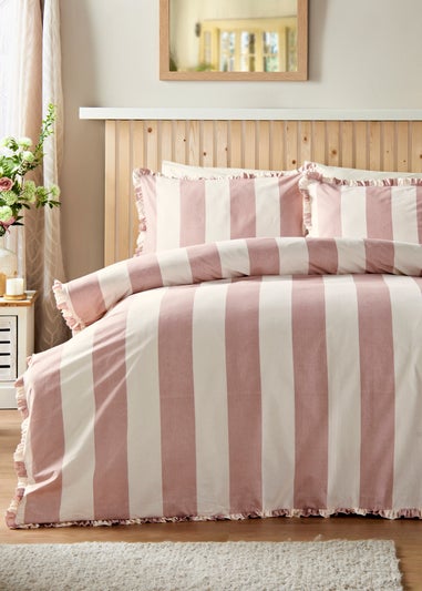 Pink Wide Stripe Pleat Duvet Set