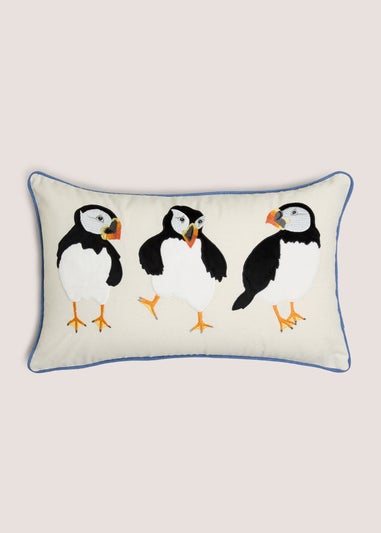 Blue Puffin Embroidered Cushion