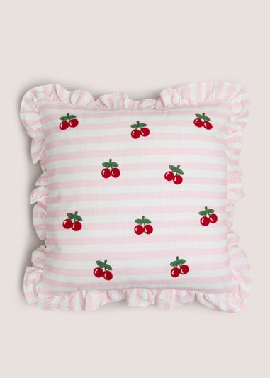 Pink Cherry Embroidered Frill Edge Cushion