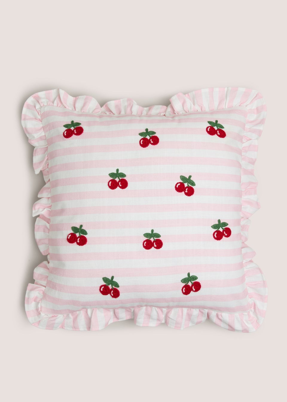 Pink Cherry Embroidered Frill Edge Cushion