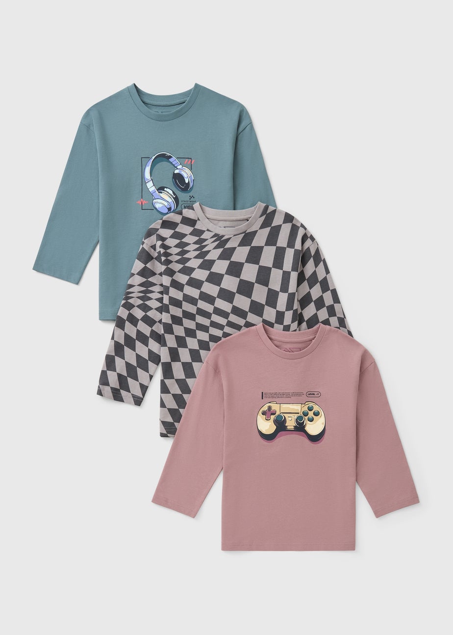 3 Pack Boys Multicolour Checkerboard Gamer T-Shirts (7-15yrs)