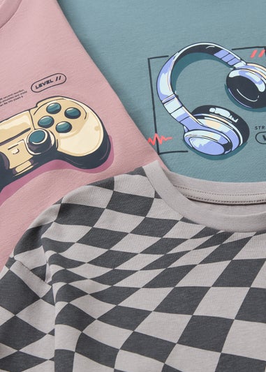 3 Pack Boys Multicolour Checkerboard Gamer T-Shirts (7-15yrs)