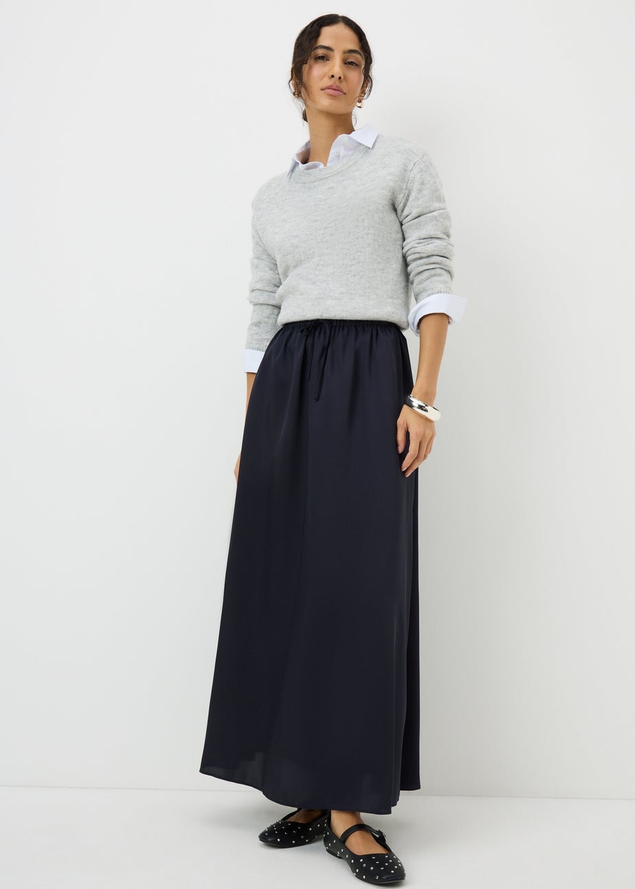 Navy Satin Drawstring Maxi Skirt