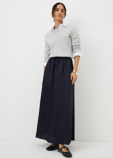 Navy Satin Drawstring Maxi Skirt