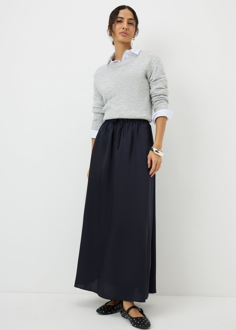 Navy Satin Drawstring Maxi Skirt