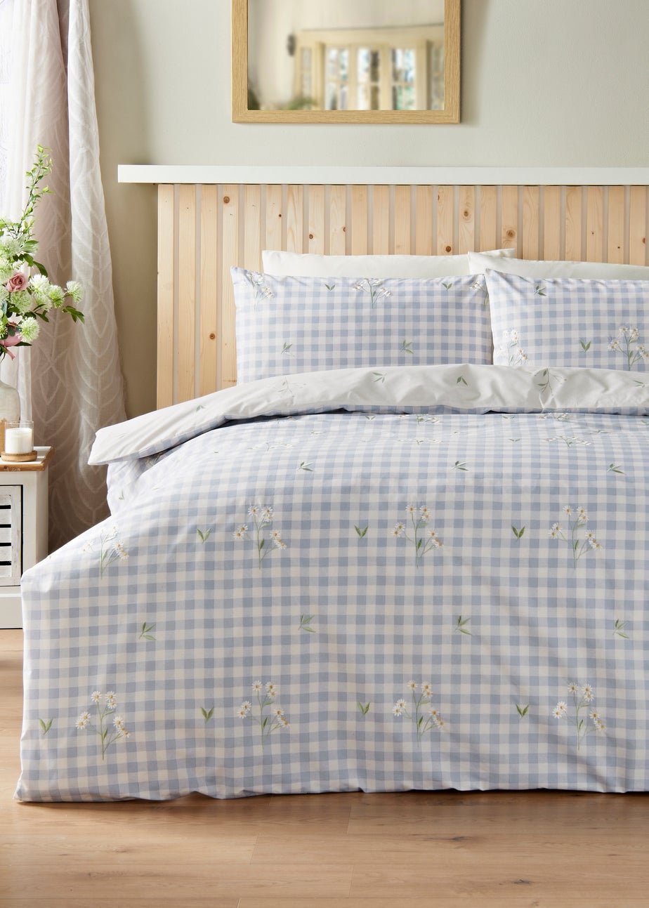 Blue Daisy Embroidered Gingham Duvet Set