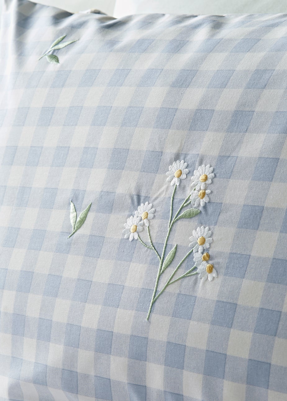 Blue Daisy Embroidered Gingham Duvet Set