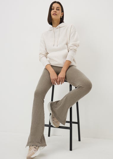 Beige Ribbed Flare Side Split Leggings