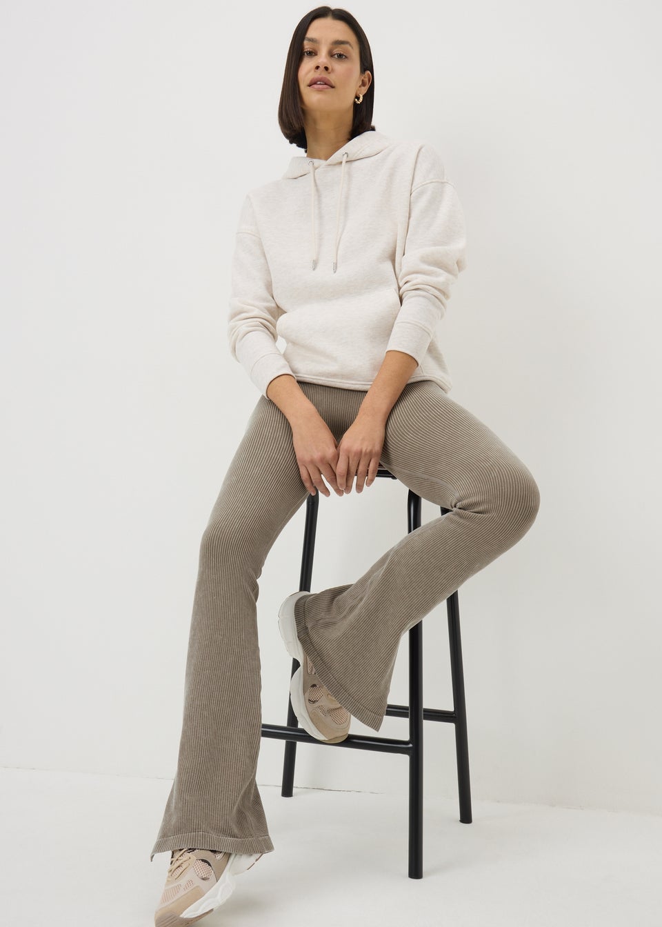 Beige Ribbed Flare Side Split Leggings