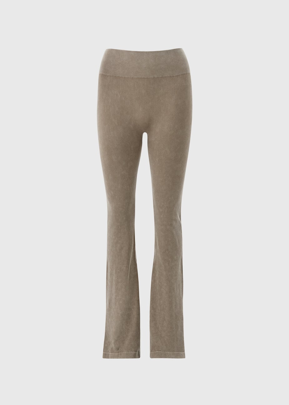 Beige Ribbed Flare Side Split Leggings