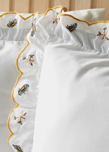 White Frill Bee Embroidered Duvet Set