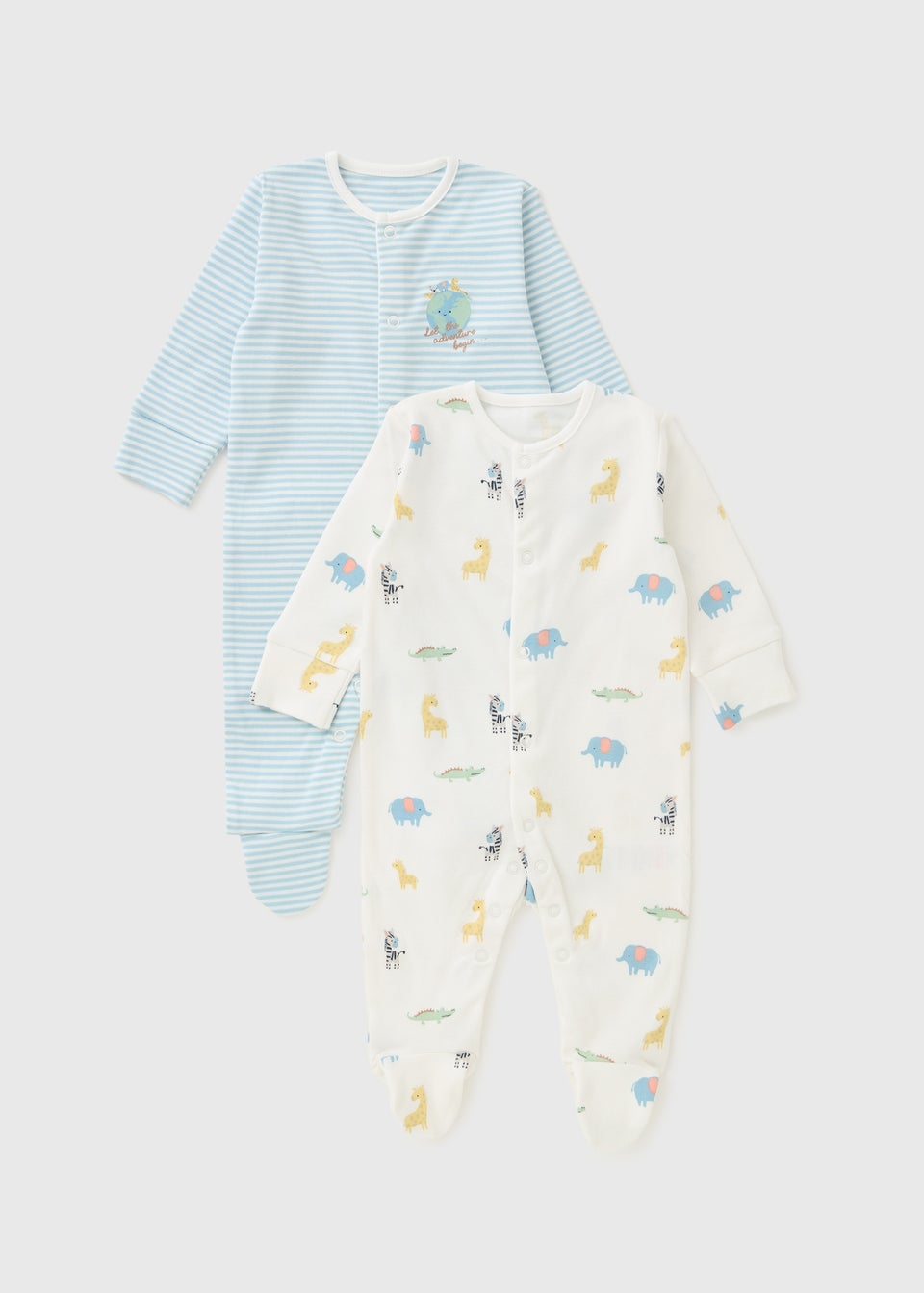 2 Pack Baby Multicolour Safari Sleepsuits (Newborn-23mths)