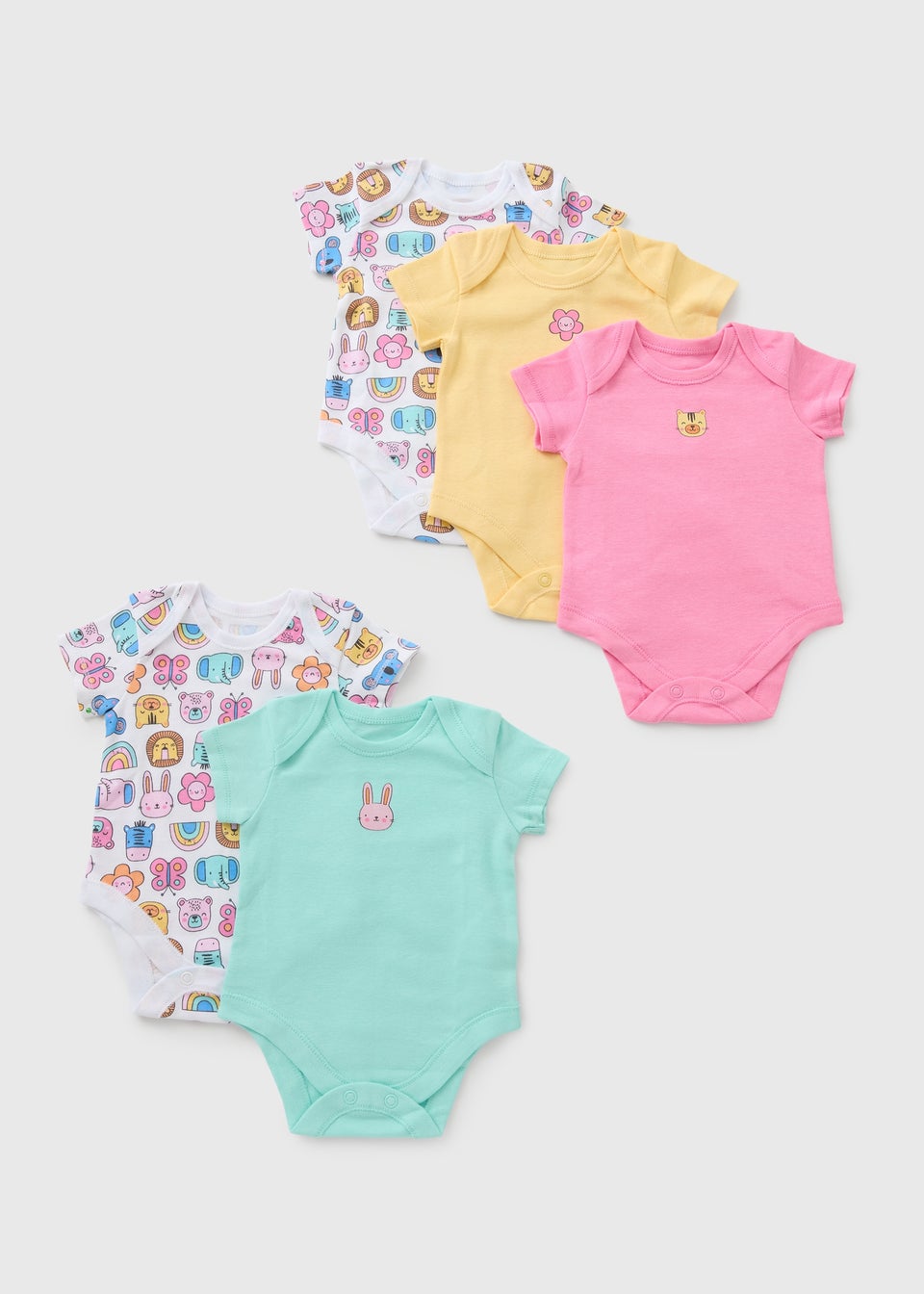 5 Pack Baby Multicolour Animal Bodysuits (Newborn-23mths)