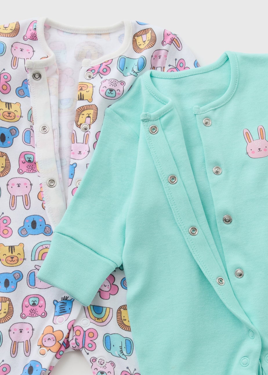 2 Pack Baby Multicolour Animal Sleepsuits (Newborn-23mths)