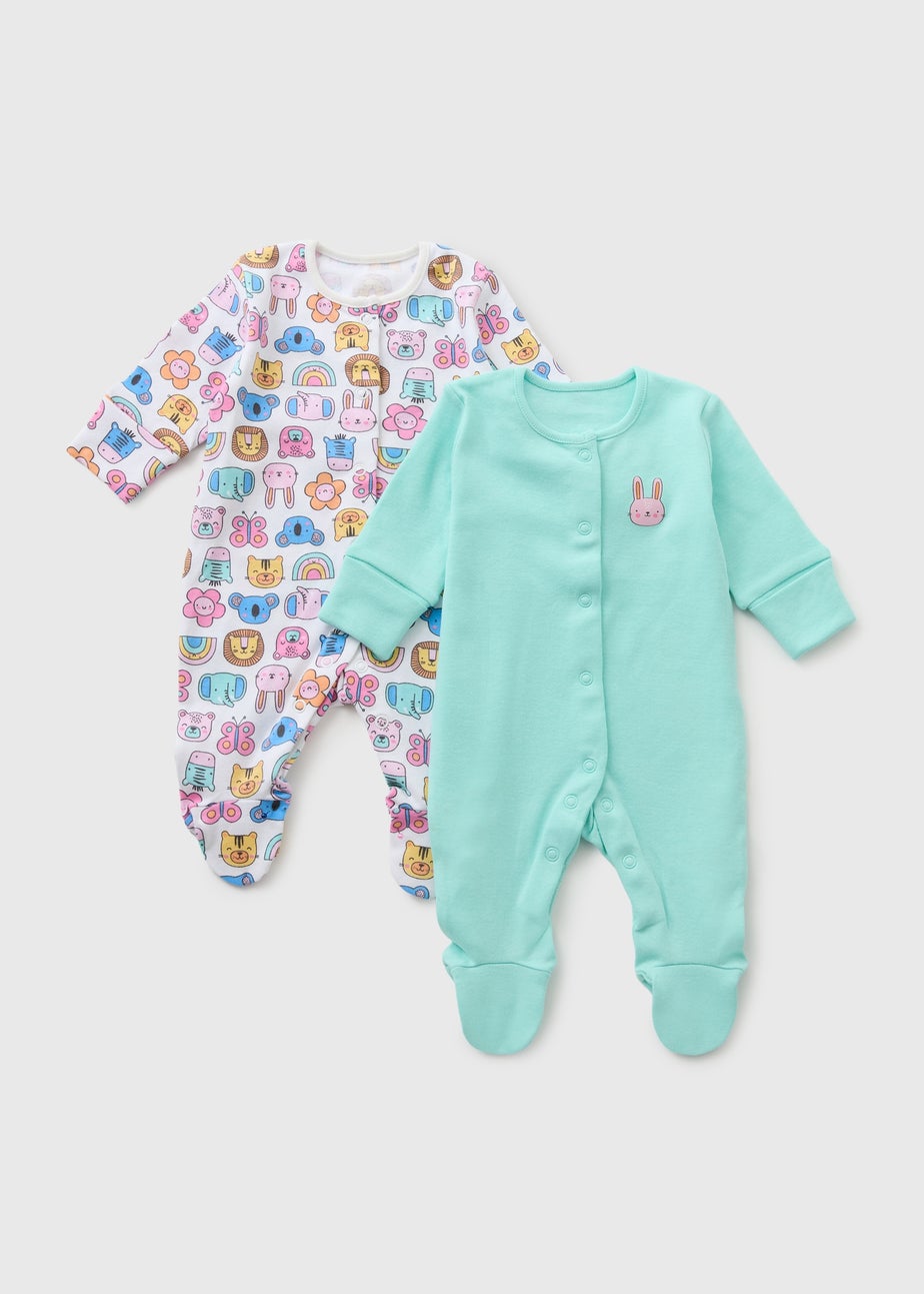 2 Pack Baby Multicolour Animal Sleepsuits (Newborn-23mths)
