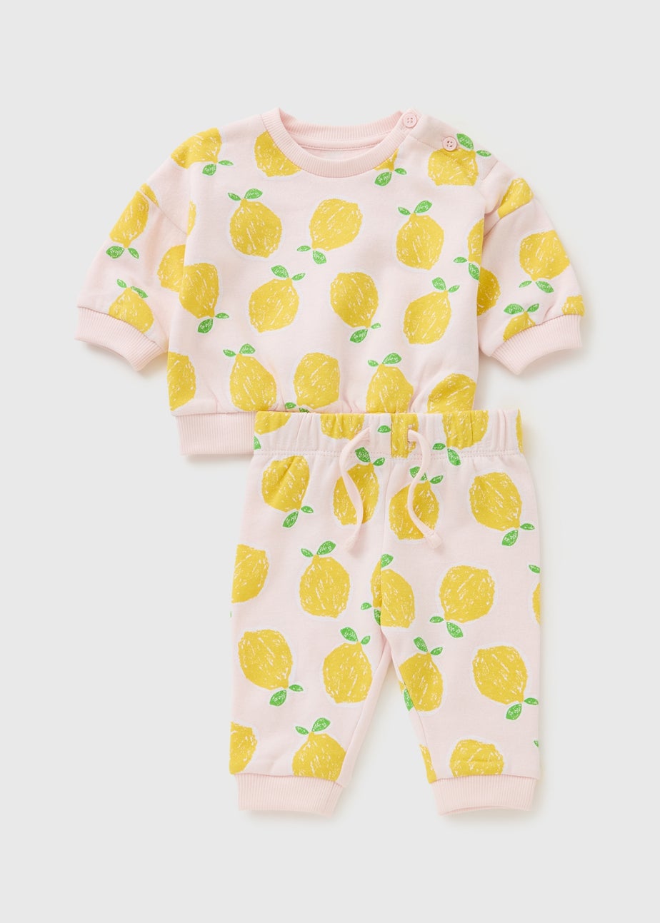 Girls Pink Lemon Print Sweatshirt & Jogging Bottom Set (Newborn-23mths)