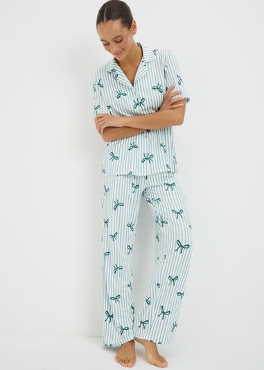 Green Stripe Bow Traditional Pyjama Set