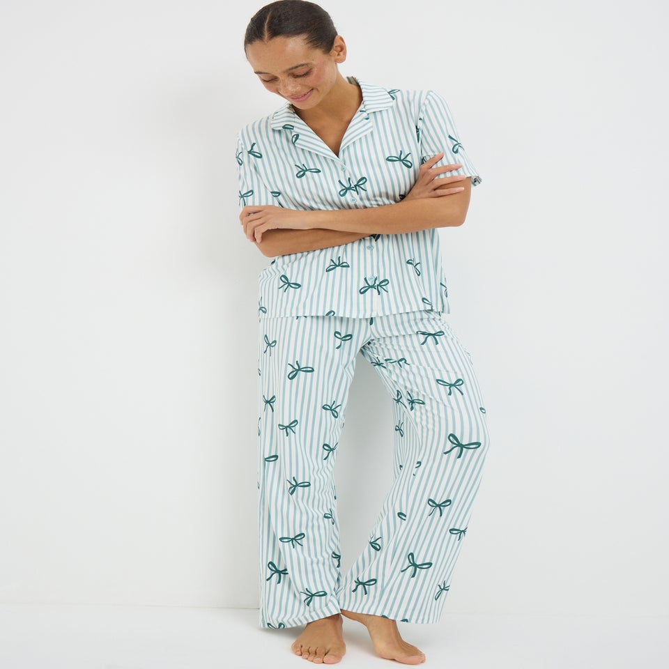 Green Stripe Bow Traditional Pyjama Set