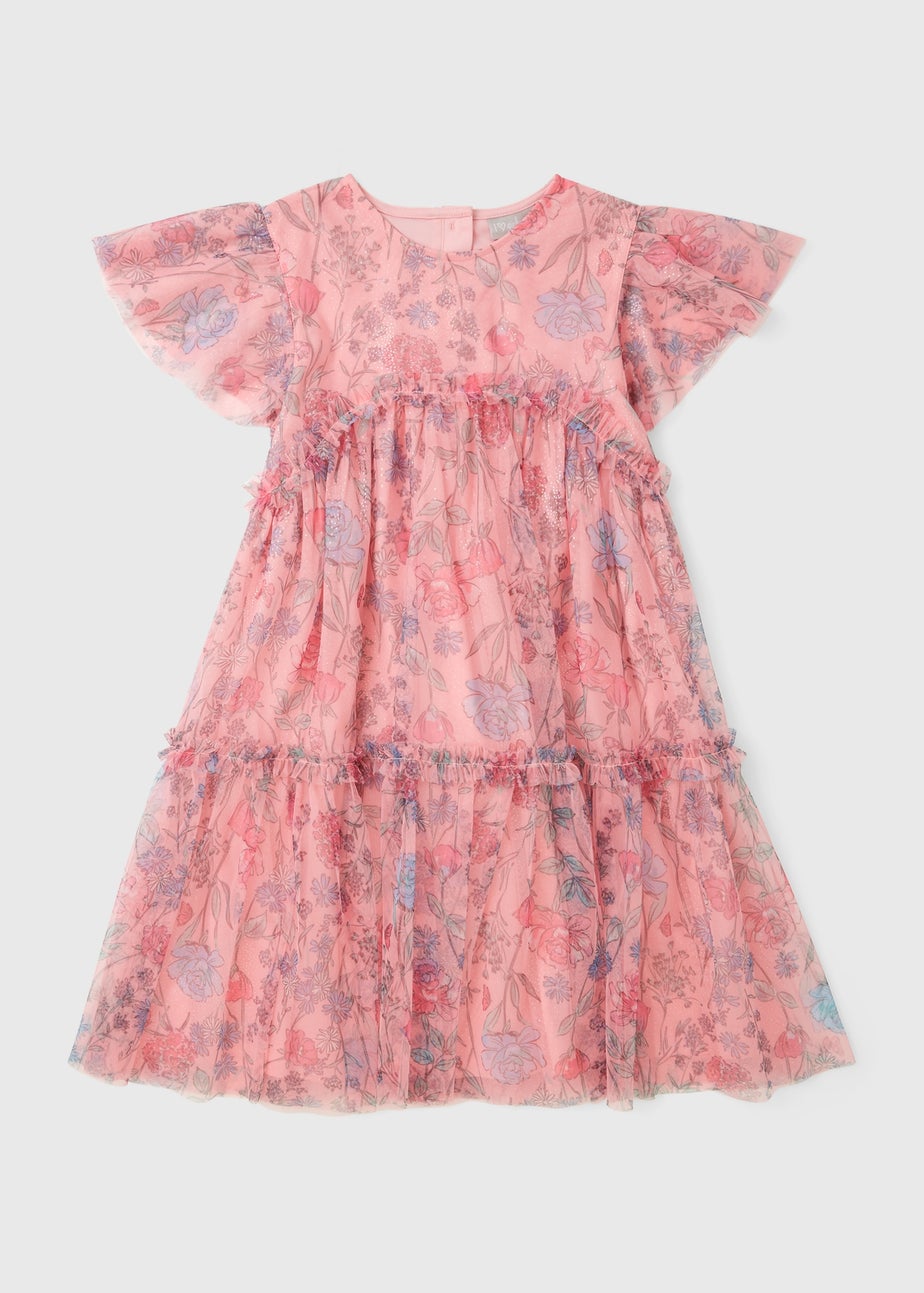 Girls Pink Floral Print Mesh Dress (7-15yrs)