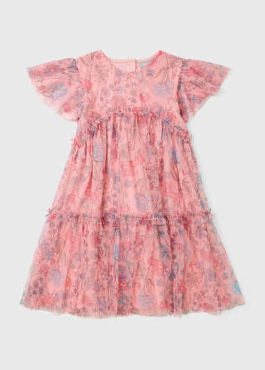 Girls Pink Floral Print Mesh Dress (7-15yrs)