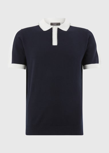 Navy Colour Block Knitted Polo Shirt