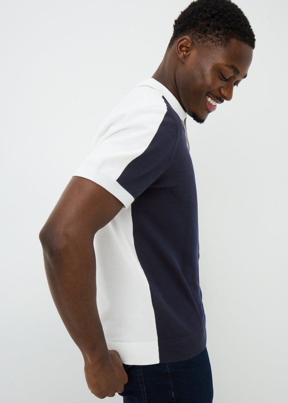 Navy Colour Block Knitted Polo Shirt