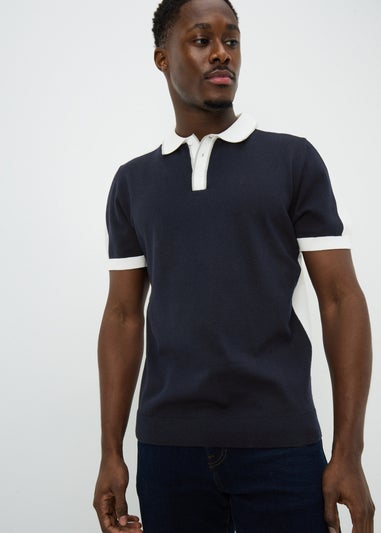 Navy Colour Block Knitted Polo Shirt