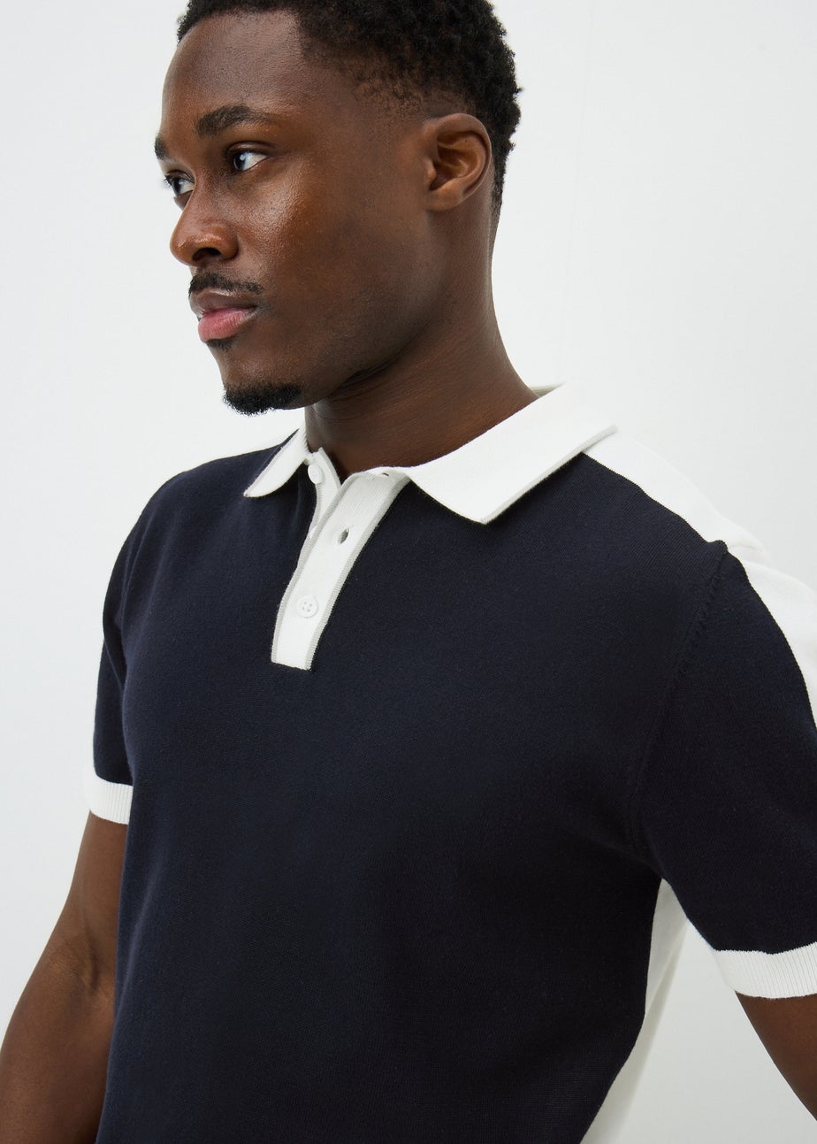 Navy Colour Block Knitted Polo Shirt